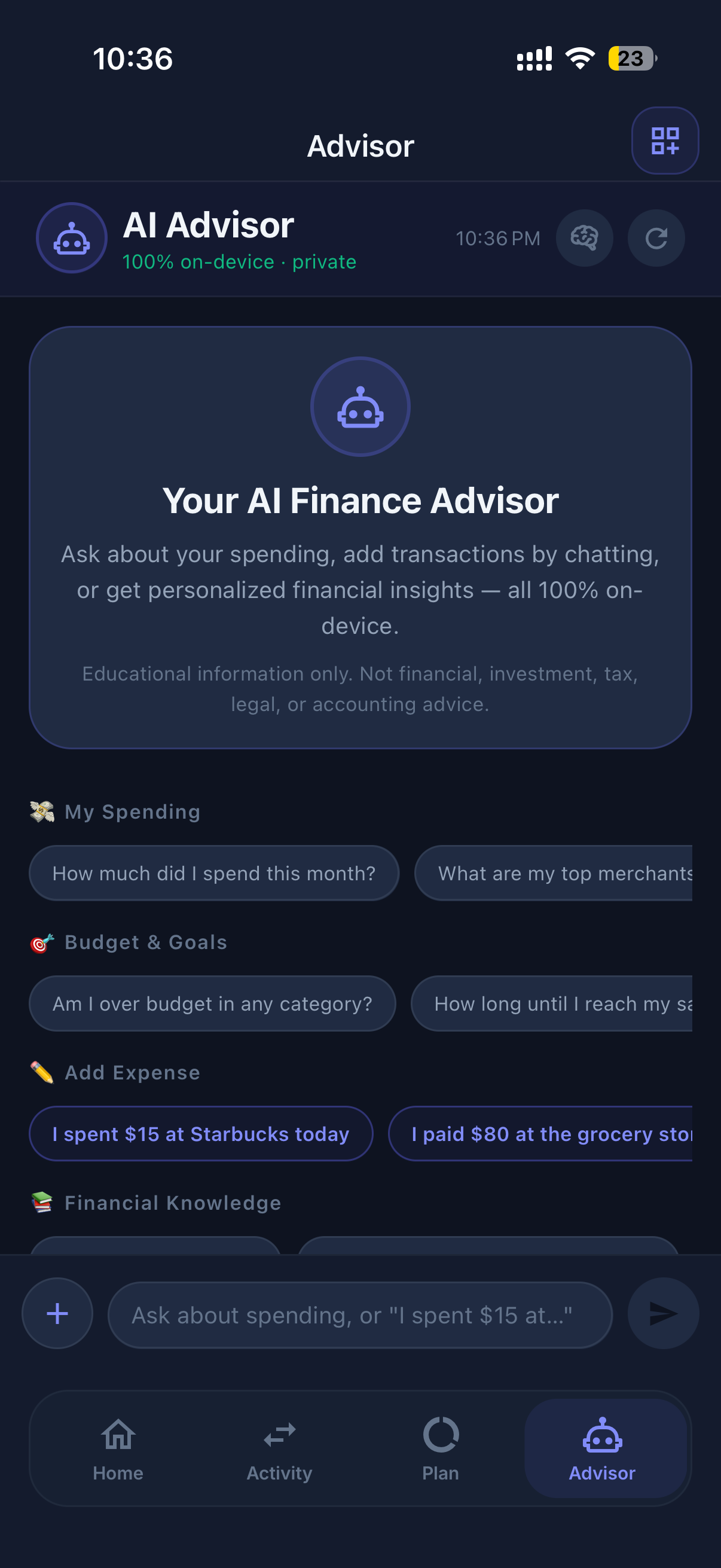 OwnFi private AI advisor screen with demo spending answer and prompt suggestions