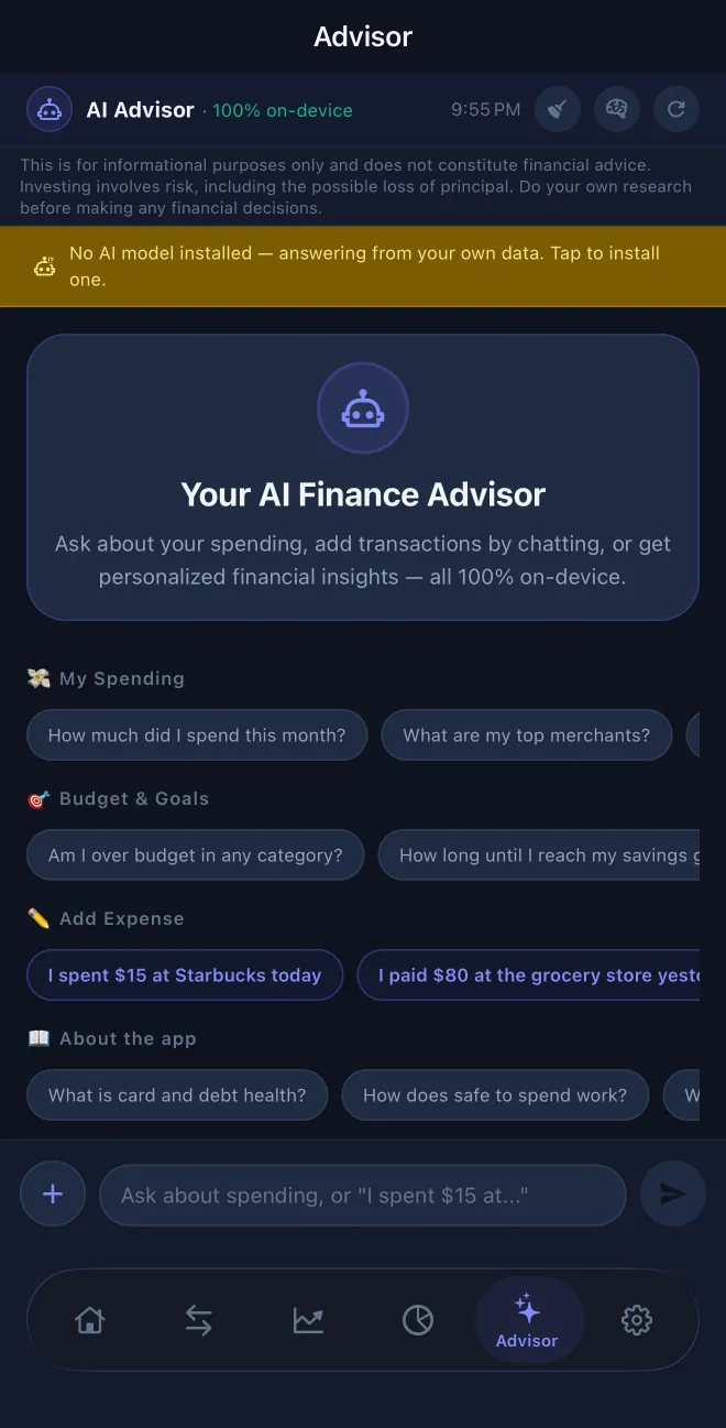 OwnFi private AI Advisor with sample questions
