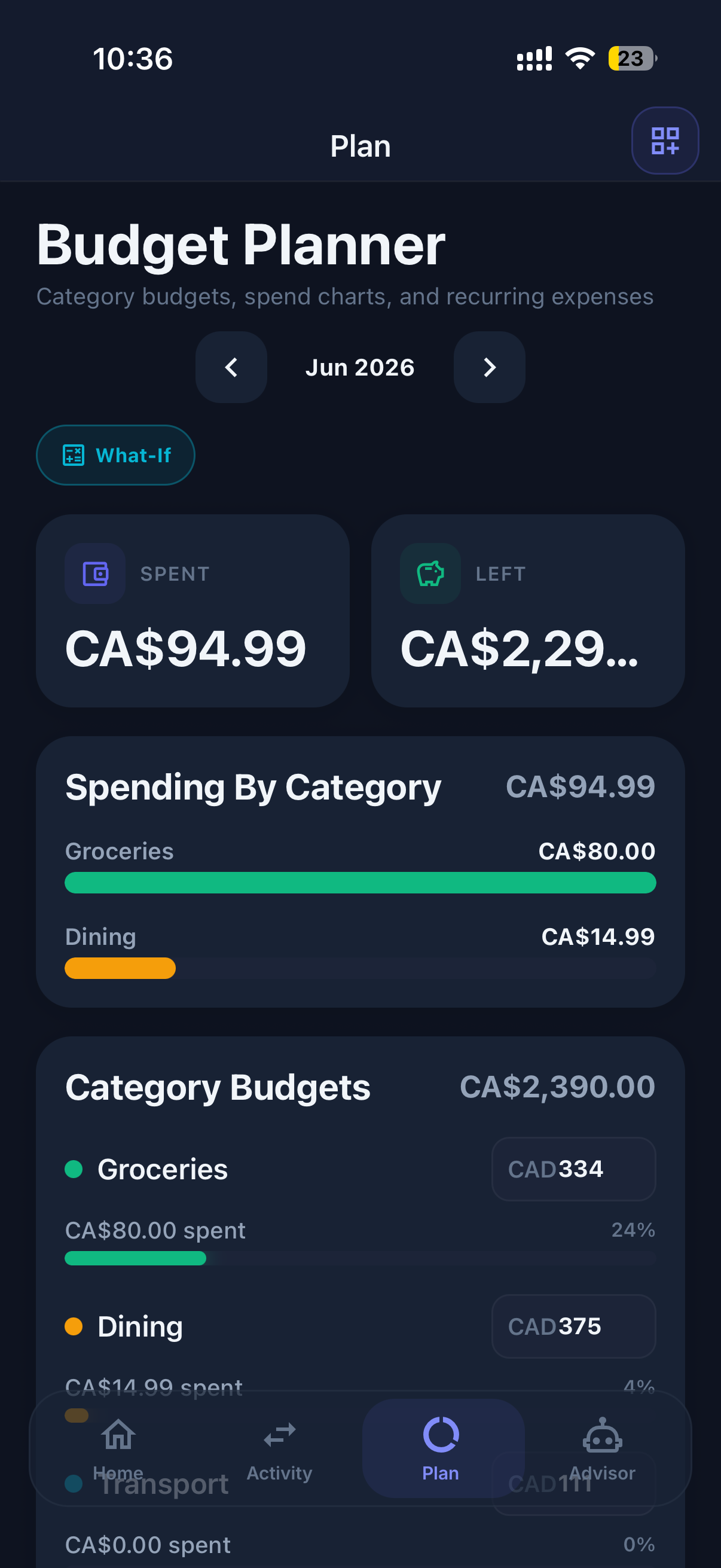 OwnFi budget planner screen with monthly category limits and progress bars
