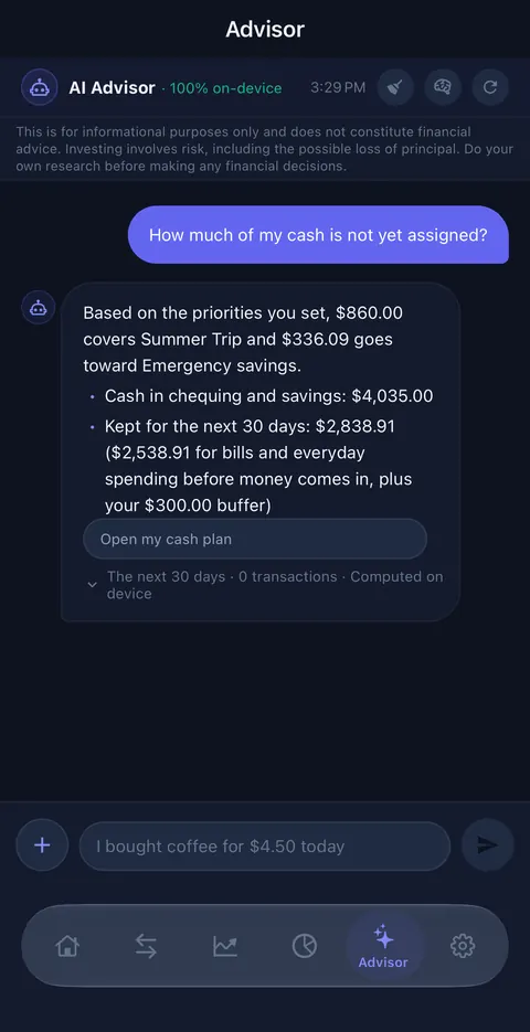 The Advisor answering How much of my cash is not yet assigned? with the plan's figures and an Open my cash plan button