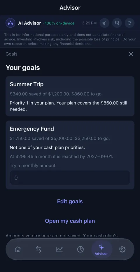 Your goals: Summer Trip is priority 1 and covered; Emergency Fund is not one of the plan's priorities, with a field to try a monthly amount