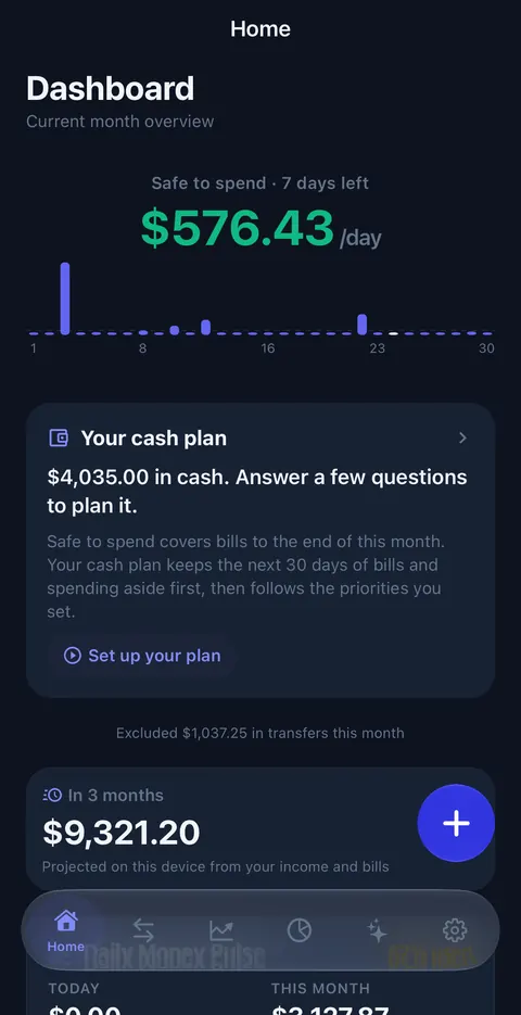 Home screen with the Your cash plan card under Safe to Spend, showing $4,035.00 in cash and a Set up your plan button