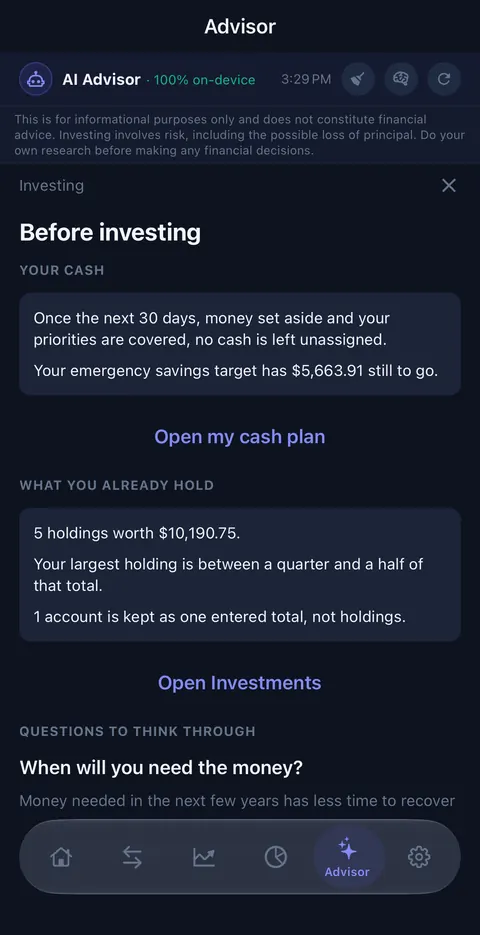 Before investing: no cash left unassigned after the plan, $5,663.91 still to go on emergency savings, 5 holdings worth $10,190.75