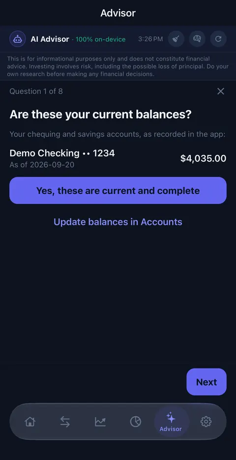 Question 1 of 8: Are these your current balances? Demo Checking shows $4,035.00