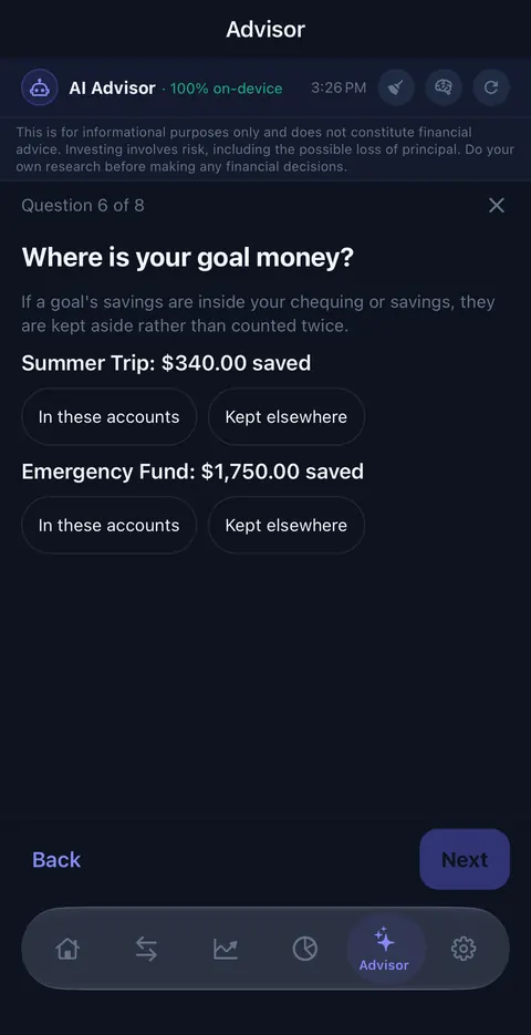 Question 6 of 8: Where is your goal money? Summer Trip and Emergency Fund, each with In these accounts or Kept elsewhere
