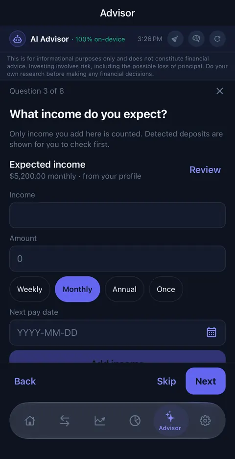 Question 3 of 8: What income do you expect? An expected income of $5,200.00 monthly from the profile is offered to review