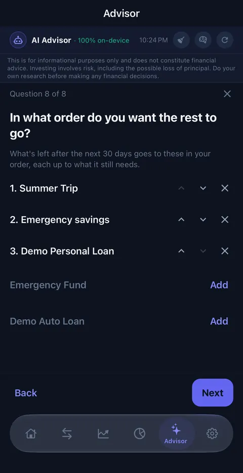 Question 8 of 8: In what order do you want the rest to go? Three priorities in order, Summer Trip, Emergency savings, Demo Personal Loan, with move and remove buttons