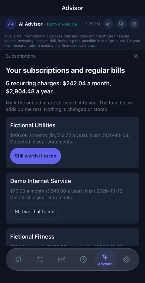 Your subscriptions and regular bills: 5 recurring charges, $242.04 a month, with Still worth it to me buttons