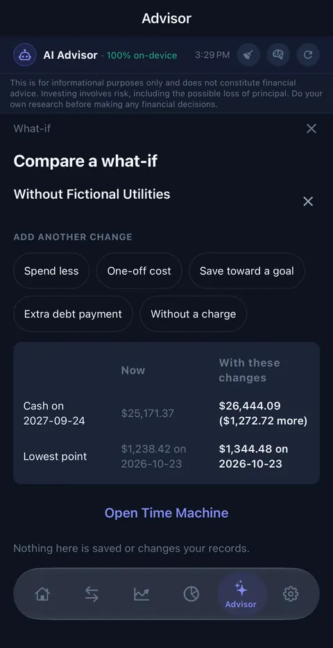 Compare a what-if without Fictional Utilities: cash in a year $26,444.09 against $25,171.37 now, $1,272.72 more