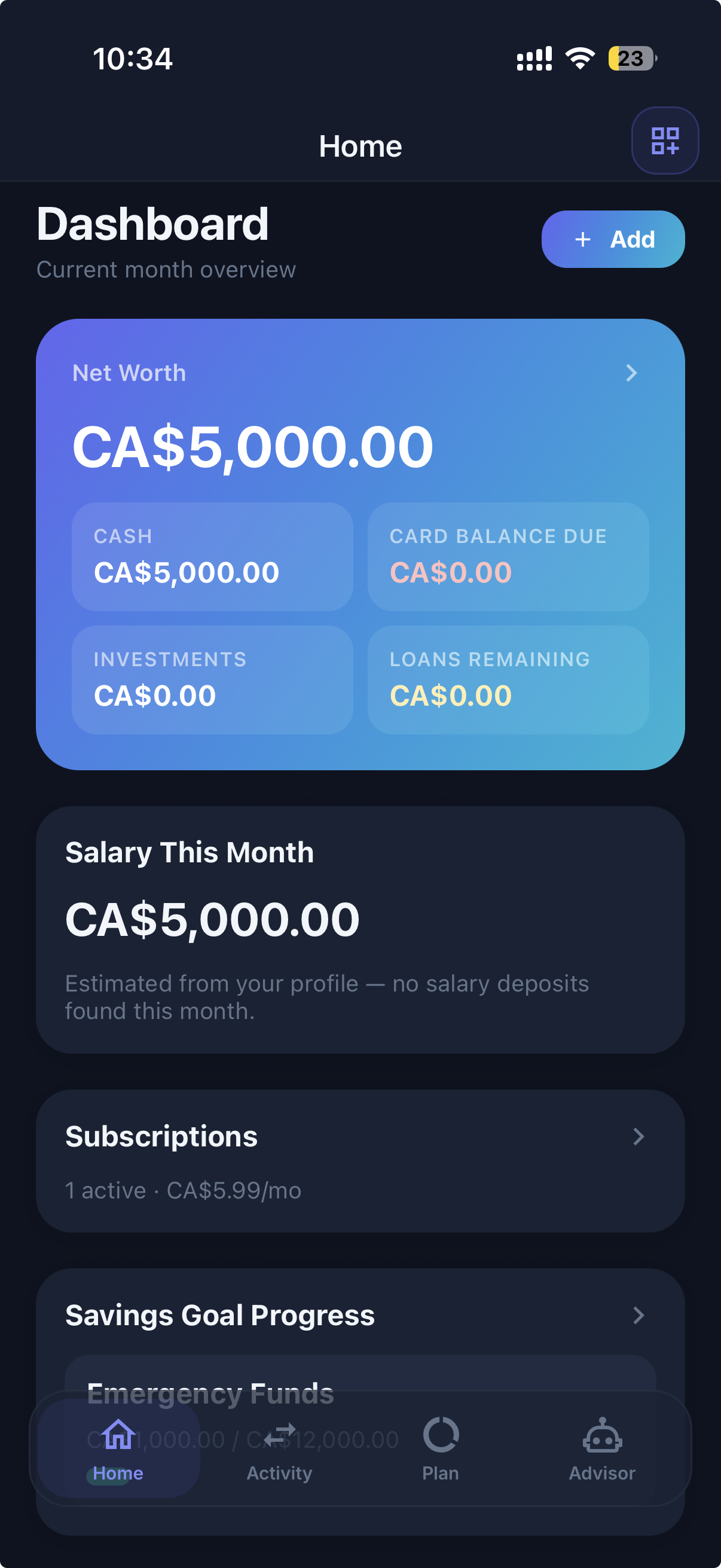 OwnFi dashboard screenshot with demo balances, upcoming payments, and savings goal progress