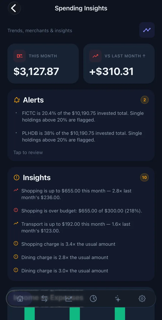 OwnFi Insights with income, expense, and anomaly analysis
