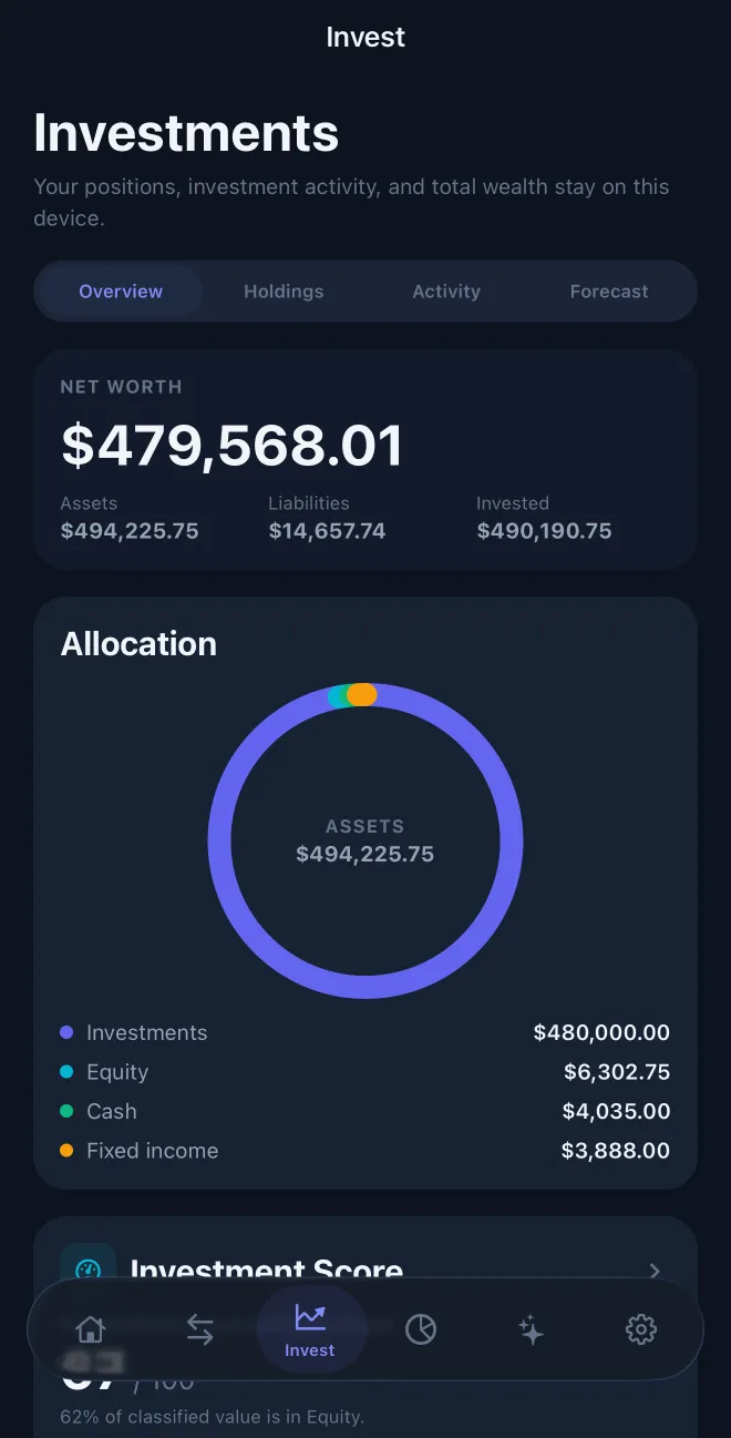 OwnFi Invest screen with net worth, holdings, and Investment Score