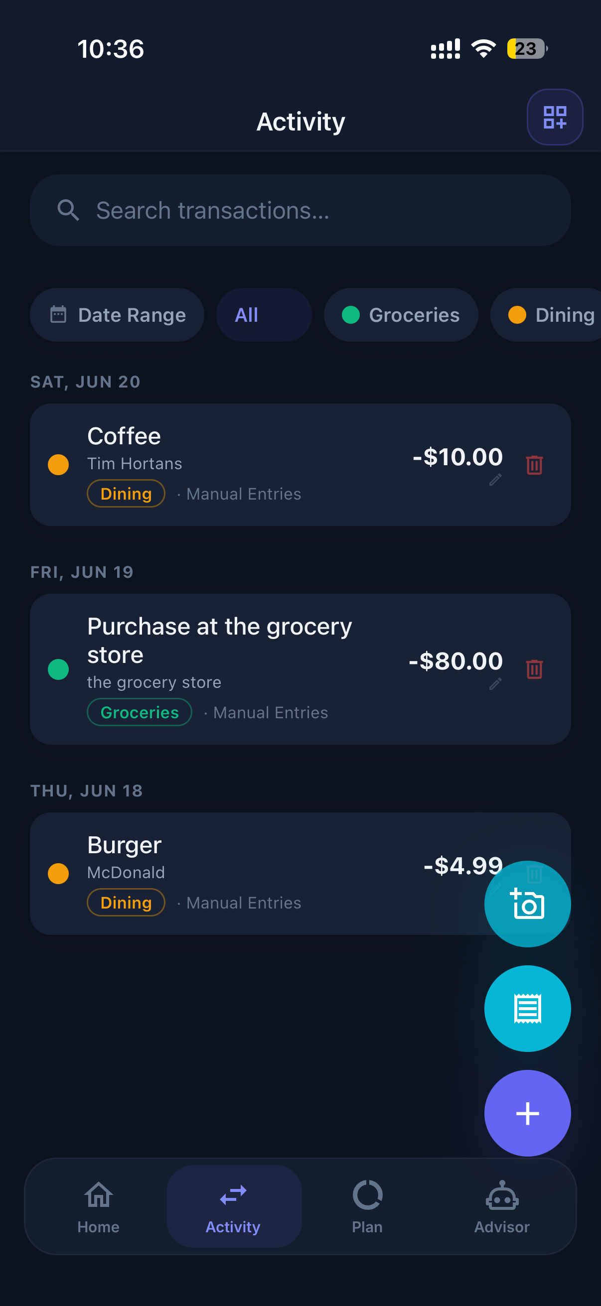 OwnFi transactions screen with searchable demo transactions and category filters