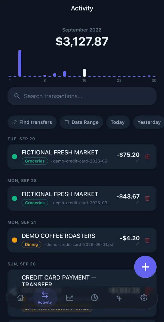 OwnFi Activity screen with chart, filters, and demo transactions